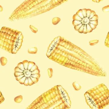 Watercolor sweet Corn seamless pattern. Yellow kernels, corncobs golden maize Stock Illustration