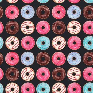 Watercolor tasty donuts vector pattern Stock Illustration