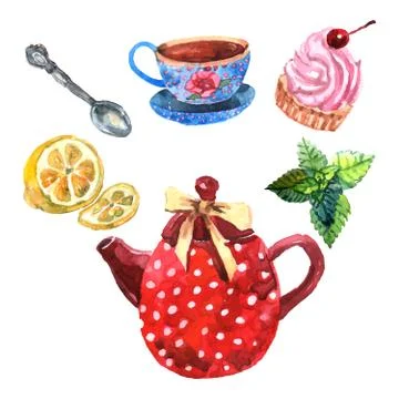 Watercolor Tea Set Stock Illustration