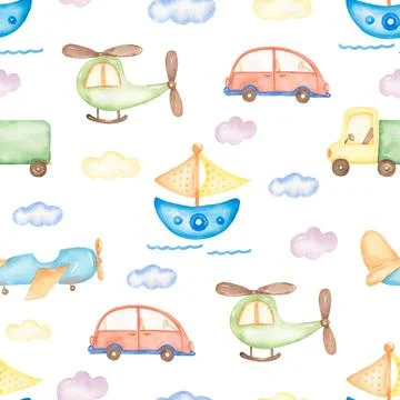Watercolor transport seamless pattern, Hellicopter print, cute boat paper Stock Illustration