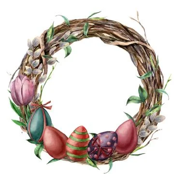 Watercolor tree wreath with easter eggs. Hand painted border with willow, tulip Stock Illustration