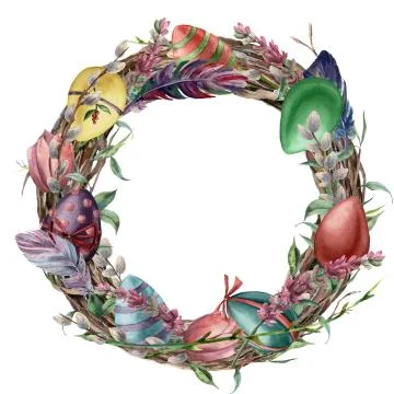 Watercolor tree wreath with easter feather. Hand painted border with willow Illustrazione stock