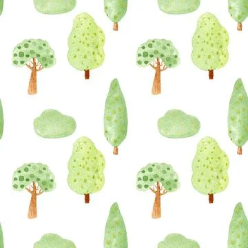 Watercolor trees seamless pattern. Cute endless background of nature. Stock Illustration