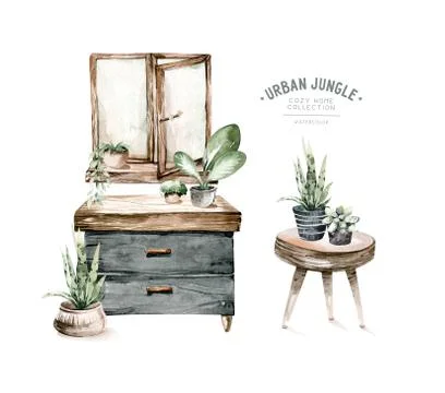 Watercolor trendy interior bohemian background with mid century modern furniture Illustrazione stock