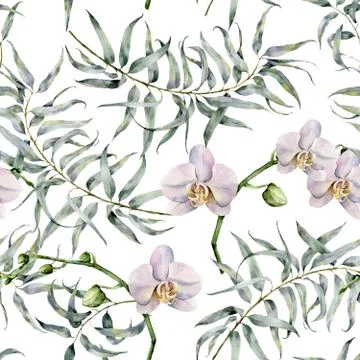 Watercolor tropic pattern with eucalyptus and white orchids. Hand painted exotic Stock Illustration
