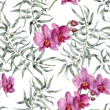 Watercolor tropic pattern with eucalyptus and orchids. Hand painted exotic Stock Illustration