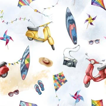 Watercolor tropical pattern of beach elements. Hand drawn scooter, surfboard Illustrazione stock