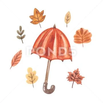 Watercolor umbrella with fall leaves PSD Template