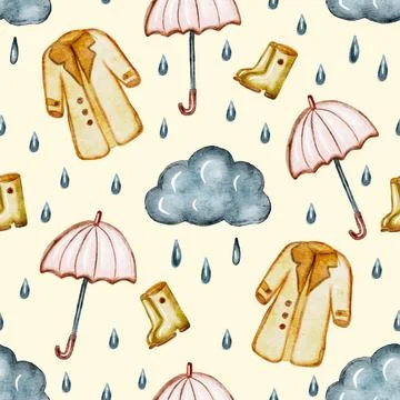 Watercolor umbrella seamless pattern with clouds and rain kids vector background 스톡 일러스트