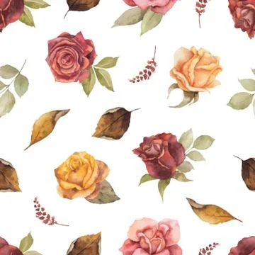 Watercolor vector autumn seamless pattern with roses and leaves isolated on w Stock Illustration