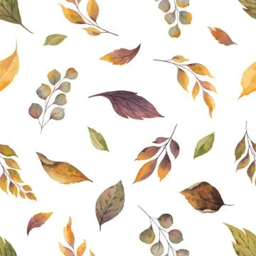 Watercolor vector autumn seamless pattern with fallen leaves isolated on whit Stock Illustration