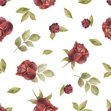 Watercolor vector autumn seamless pattern with roses and leaves isolated on w Stock Illustration