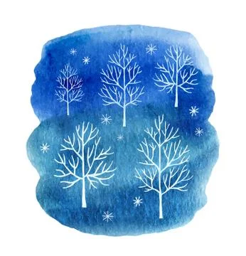 Watercolor vector background with white trees, snowflakes and blue sky. Illustrazione stock