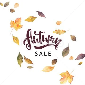 Watercolor vector card with hand lettering autumn sale and leaves isolated on Stock Illustration