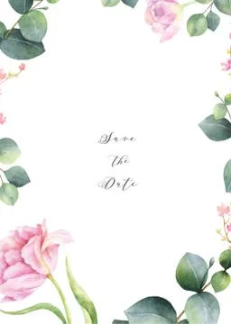 Watercolor vector card template design with eucalyptus leaves and flowers. Illustrazione stock