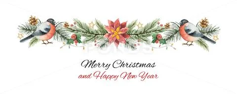 Watercolor vector Christmas banner with fir branches, bullfinch and flower Stock Illustration