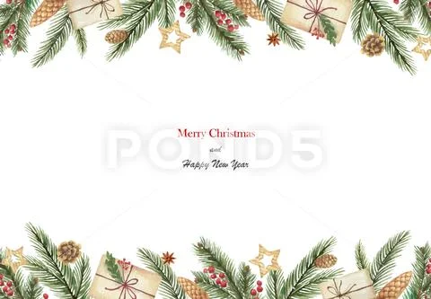 Watercolor vector Christmas banner with fir branches and place for text. Stock Illustration
