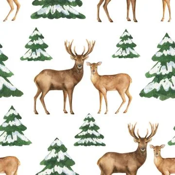 Watercolor vector Christmas seamless pattern with deer and green fir trees. Illustrazione stock