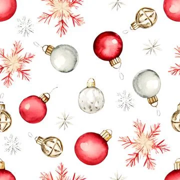 Watercolor vector christmas seamless pattern with red and white balls and Stock Illustration