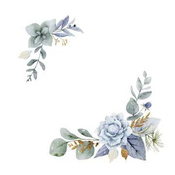 A watercolor vector Christmas wreath with dusty blue flowers and branches. Stock Illustration