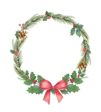 Watercolor vector Christmas wreath with green fir branches and red bow. Stock Illustration