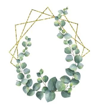 Watercolor vector composition from the branches of eucalyptus and gold geometric Stock Illustration