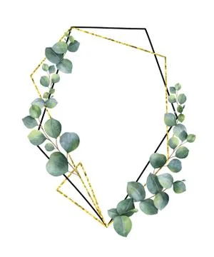 Watercolor vector composition from the branches of eucalyptus and gold geometric Stock Illustration
