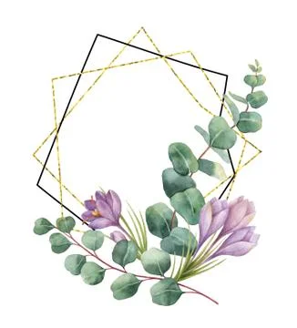 Watercolor vector composition from the branches of eucalyptus and gold geometric Stock Illustration