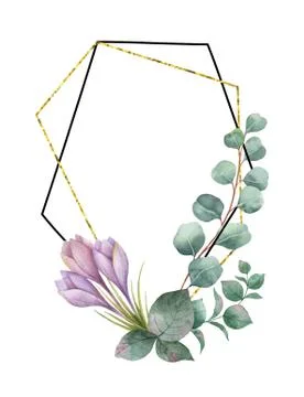 Watercolor vector composition from the branches of eucalyptus, purple flowers Stock Illustration