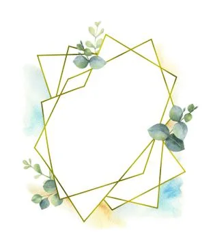 Watercolor vector composition from the branches of eucalyptus and gold geometric Stock Illustration