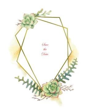 Watercolor vector composition of cacti and succulent plants and gold geometric Stock Illustration