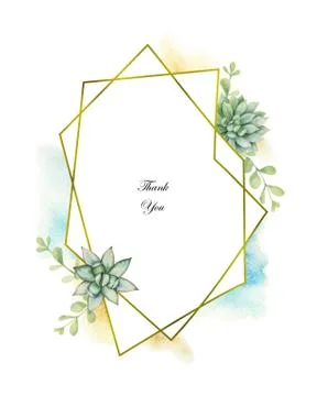 Watercolor vector composition of cacti and succulent plants and gold geometric Stock Illustration