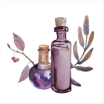 Watercolor vector composition with flask and leaves. Stock Illustration