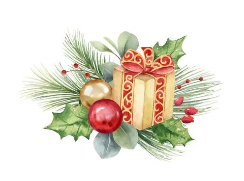 Watercolor vector composition with a gift box, Christmas balls and fir branches. Stock Illustration