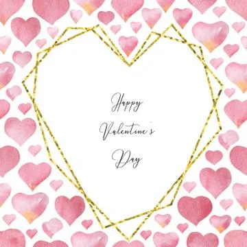 Watercolor vector composition made of geometric Golden frame and hearts. Stock Illustration