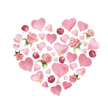 Watercolor vector composition in the shape of a heart with roses and cherries. Stock Illustration