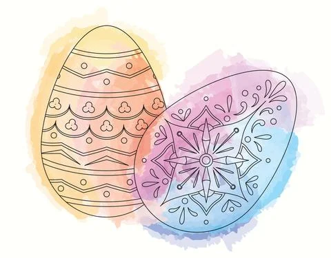 Watercolor vector Easter eggs patterns. Black linart. Yellow orange pink blue Stock Illustration