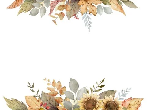 Watercolor vector fall banner with sunflower, leaves and branches. Stock Illustration