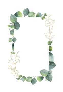 Watercolor vector frame with green eucalyptus leaves and gold elements Stock Illustration