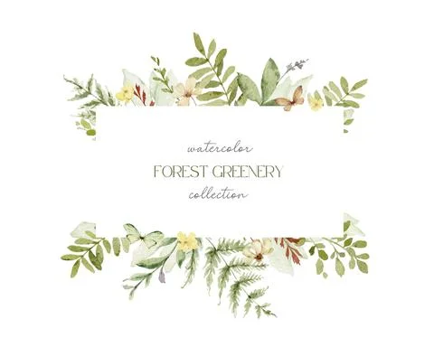 Watercolor vector frame with green forest foliage and flowers. Stock Illustration