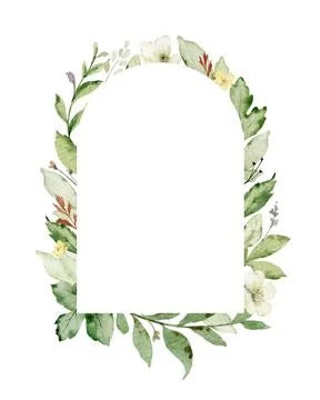 Watercolor vector frame with green forest foliage and flowers. Illustrazione stock