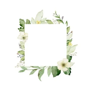 Watercolor vector frame with green forest foliage and flowers. Stock Illustration