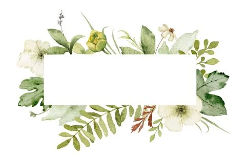 Watercolor vector frame with green forest foliage and flowers. Stock Illustration