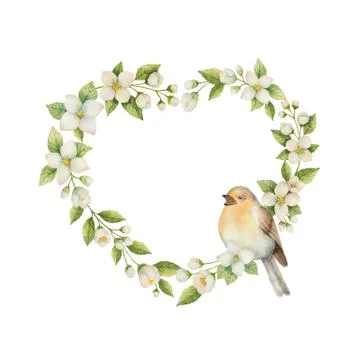 Watercolor vector frame in the shape of a heart with bird and flowers Jasmine Illustrazione stock