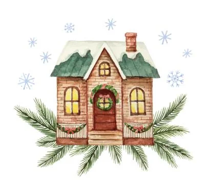Watercolor vector greeting card with Christmas house and spruce branches. Stock Illustration