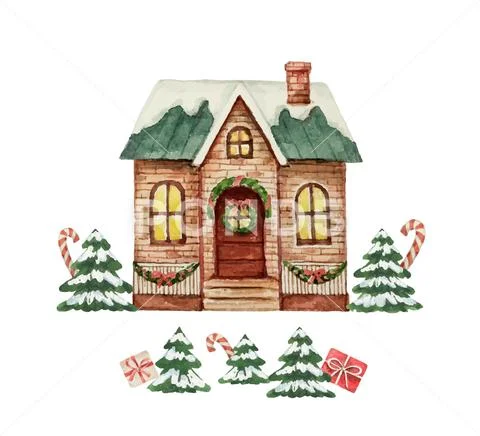 Watercolor vector greeting card with Christmas house and green fir trees. Stock Illustration
