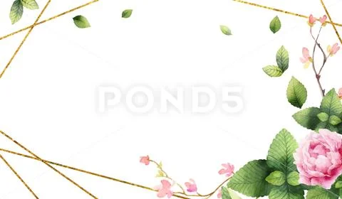 Watercolor vector hand painting invitation of peony flowers and green mint le Stock Illustration