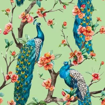 Watercolor vector peacock pattern Stock Illustration