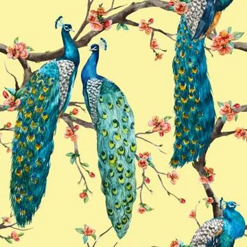 Watercolor vector peacock pattern Stock Illustration