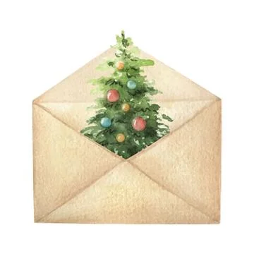 Watercolor vector postal envelope with green Christmas tree. Stock Illustration